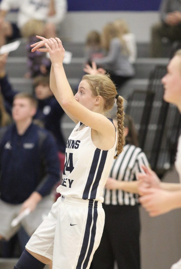 Hannah Montminy, a starter for Penns Valley Girls basketball team draining a three.