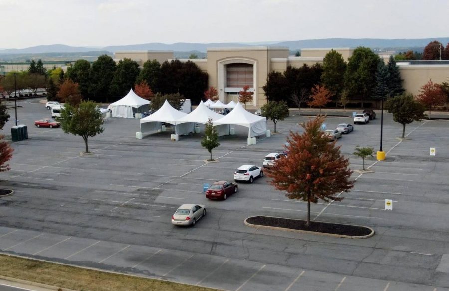 An overhead view of the testing site at the Nittany Mall.
